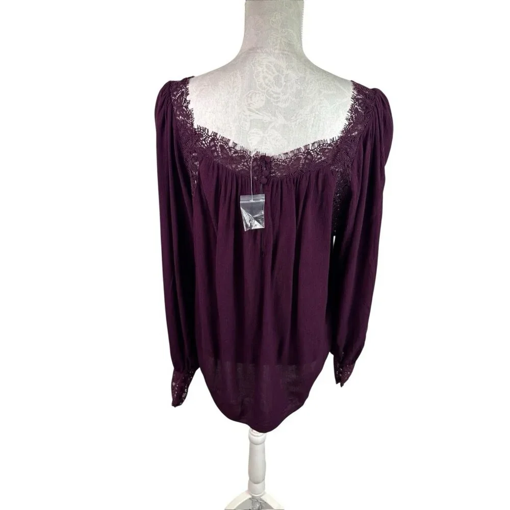 Free People Women M Oversized Square‎ Neck Lace Crepe Blouse Purple NWOT